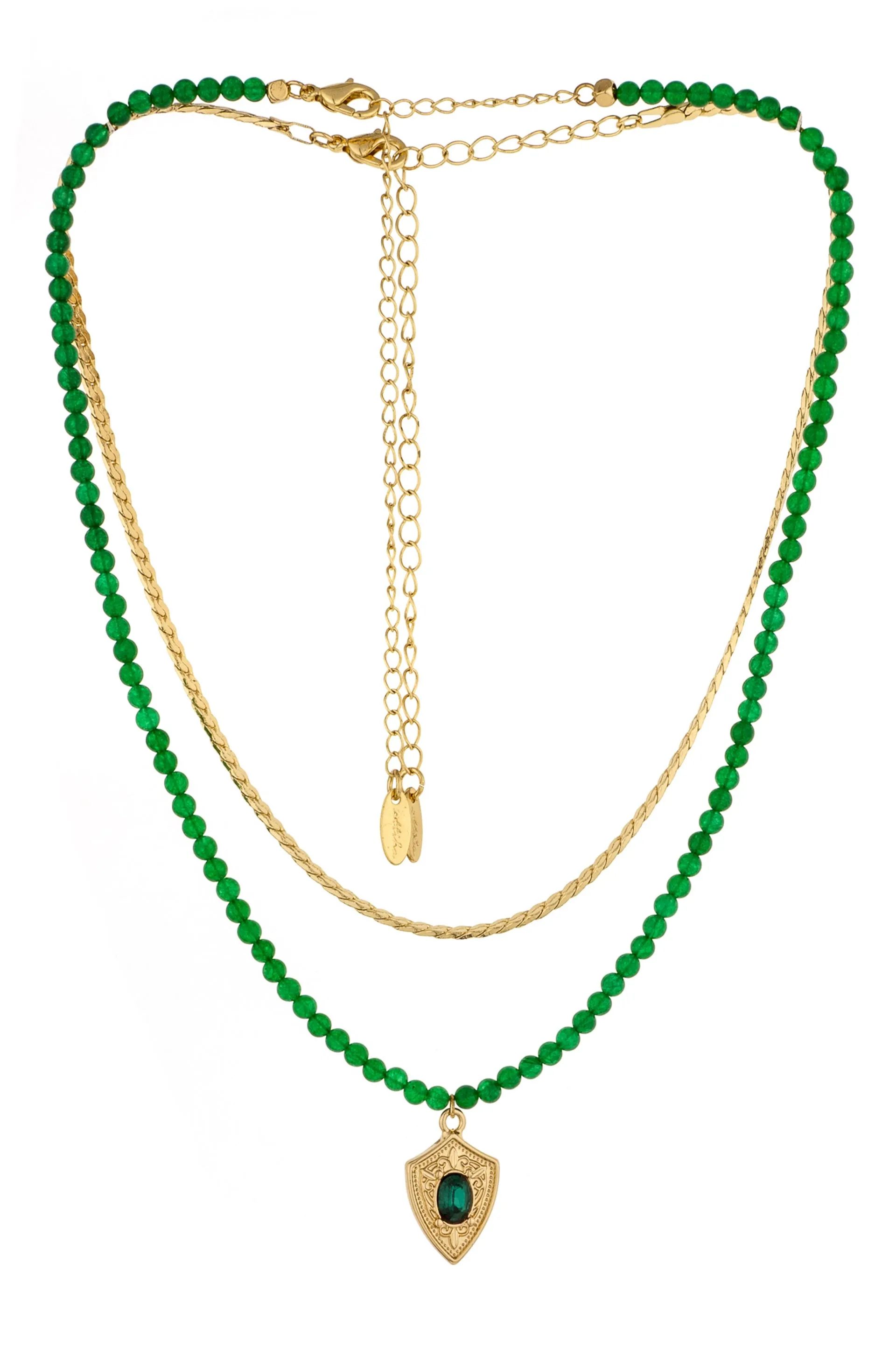 The Perfect Pair Green Agate Bead and Emerald Crystal Charm 18k Gold Plated Necklace Set