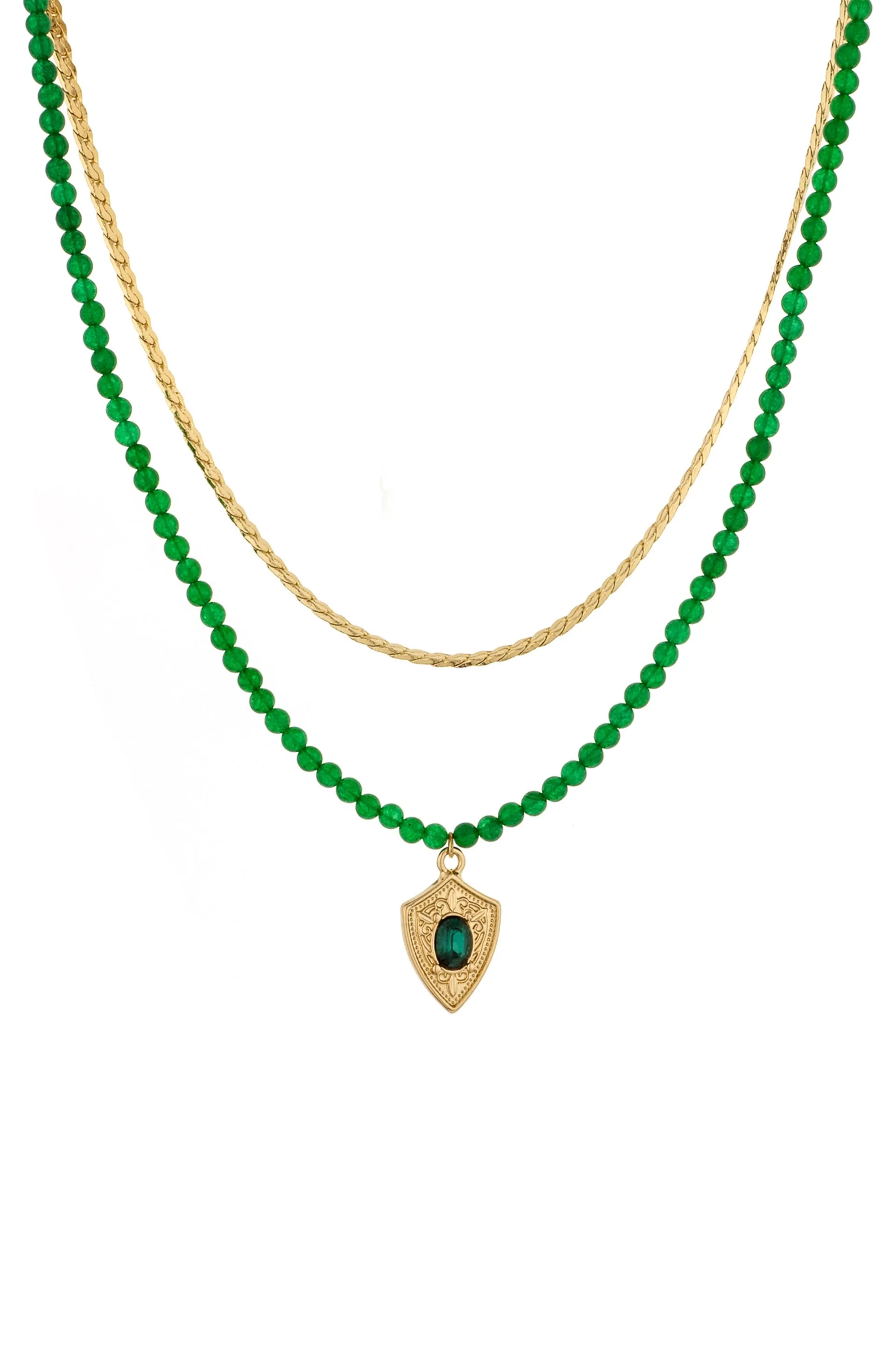 The Perfect Pair Green Agate Bead and Emerald Crystal Charm 18k Gold Plated Necklace Set