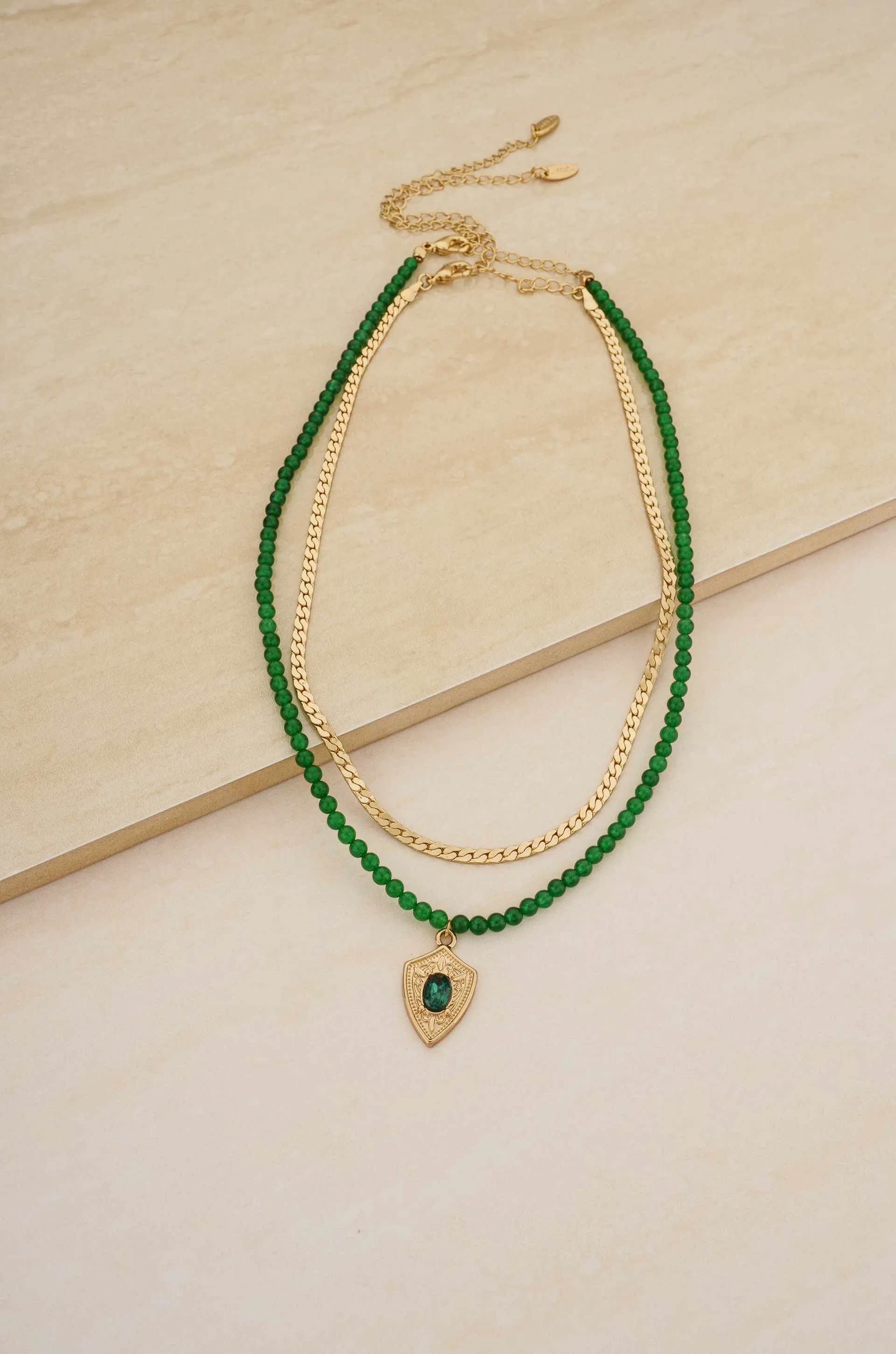 The Perfect Pair Green Agate Bead and Emerald Crystal Charm 18k Gold Plated Necklace Set