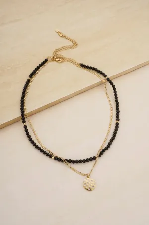 The Perfect Pair Onyx Bead and Crystal Disc Charm 18k Gold Plated Necklace Set