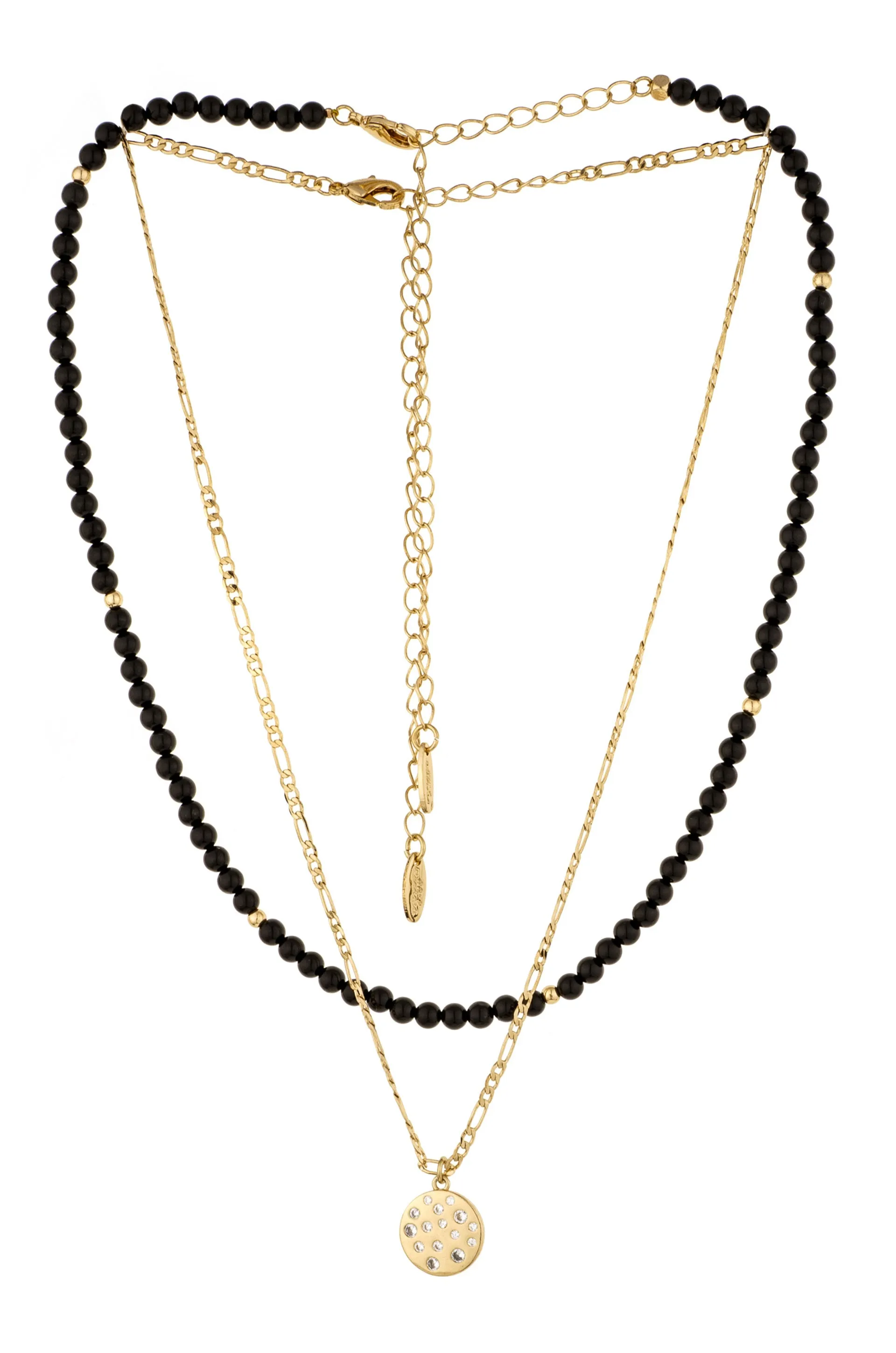 The Perfect Pair Onyx Bead and Crystal Disc Charm 18k Gold Plated Necklace Set