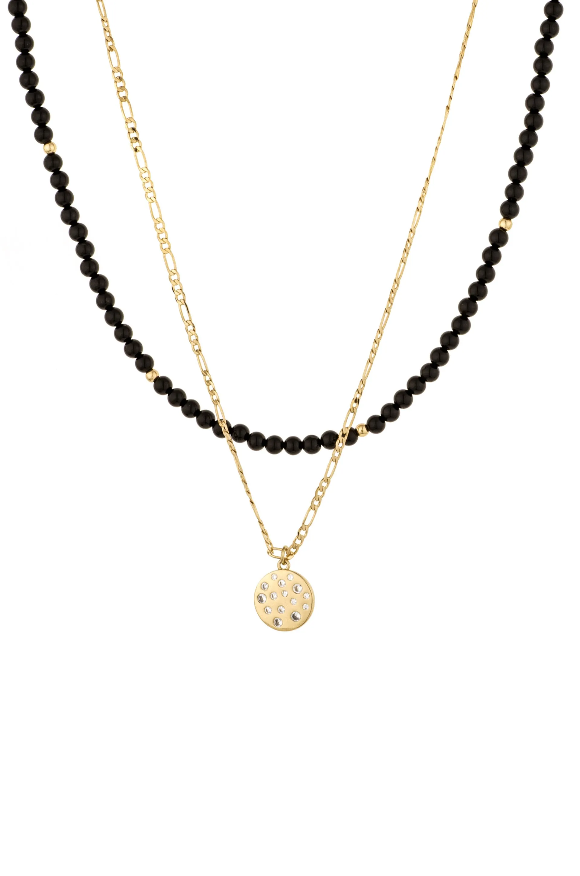 The Perfect Pair Onyx Bead and Crystal Disc Charm 18k Gold Plated Necklace Set