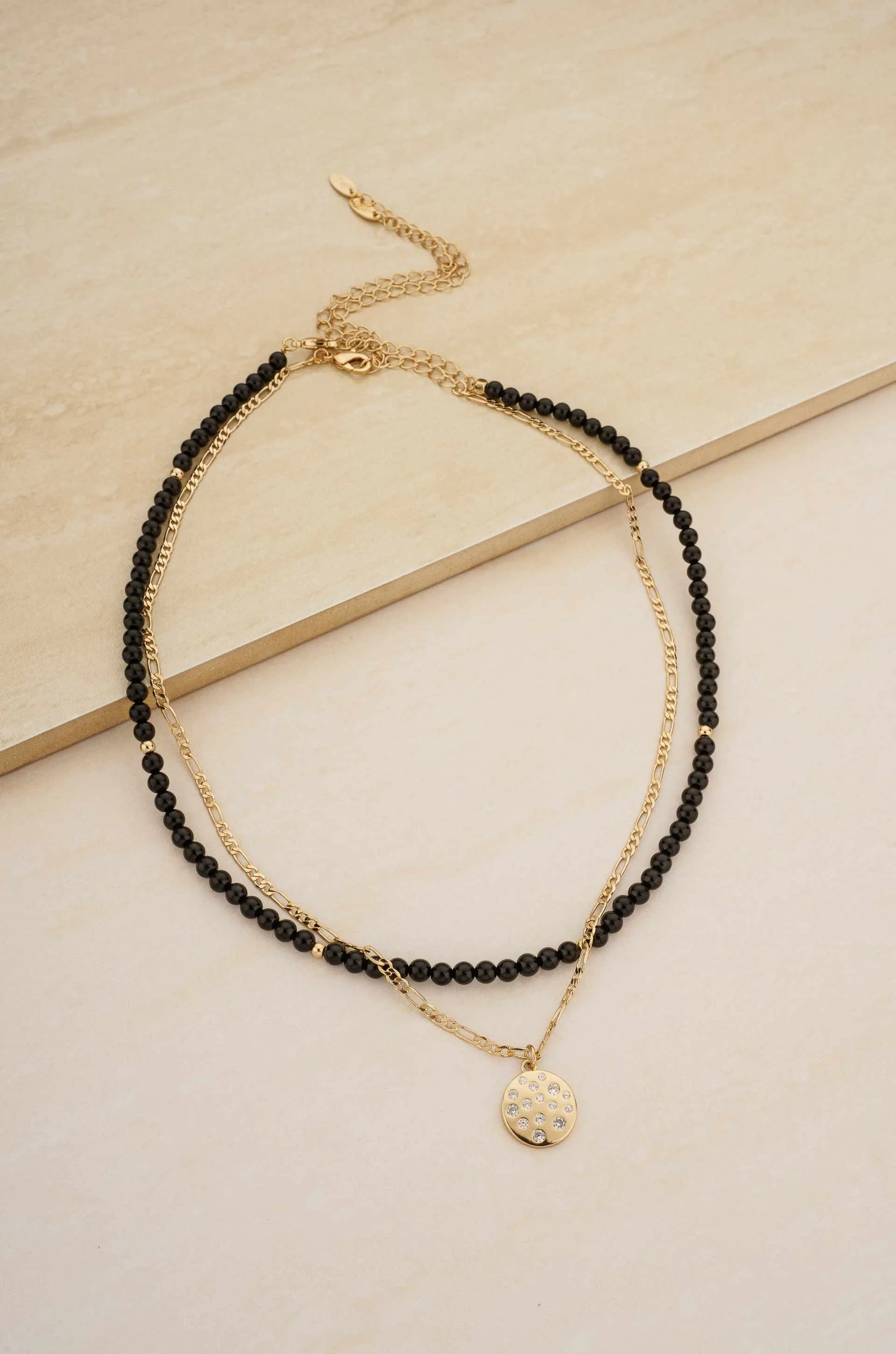 The Perfect Pair Onyx Bead and Crystal Disc Charm 18k Gold Plated Necklace Set