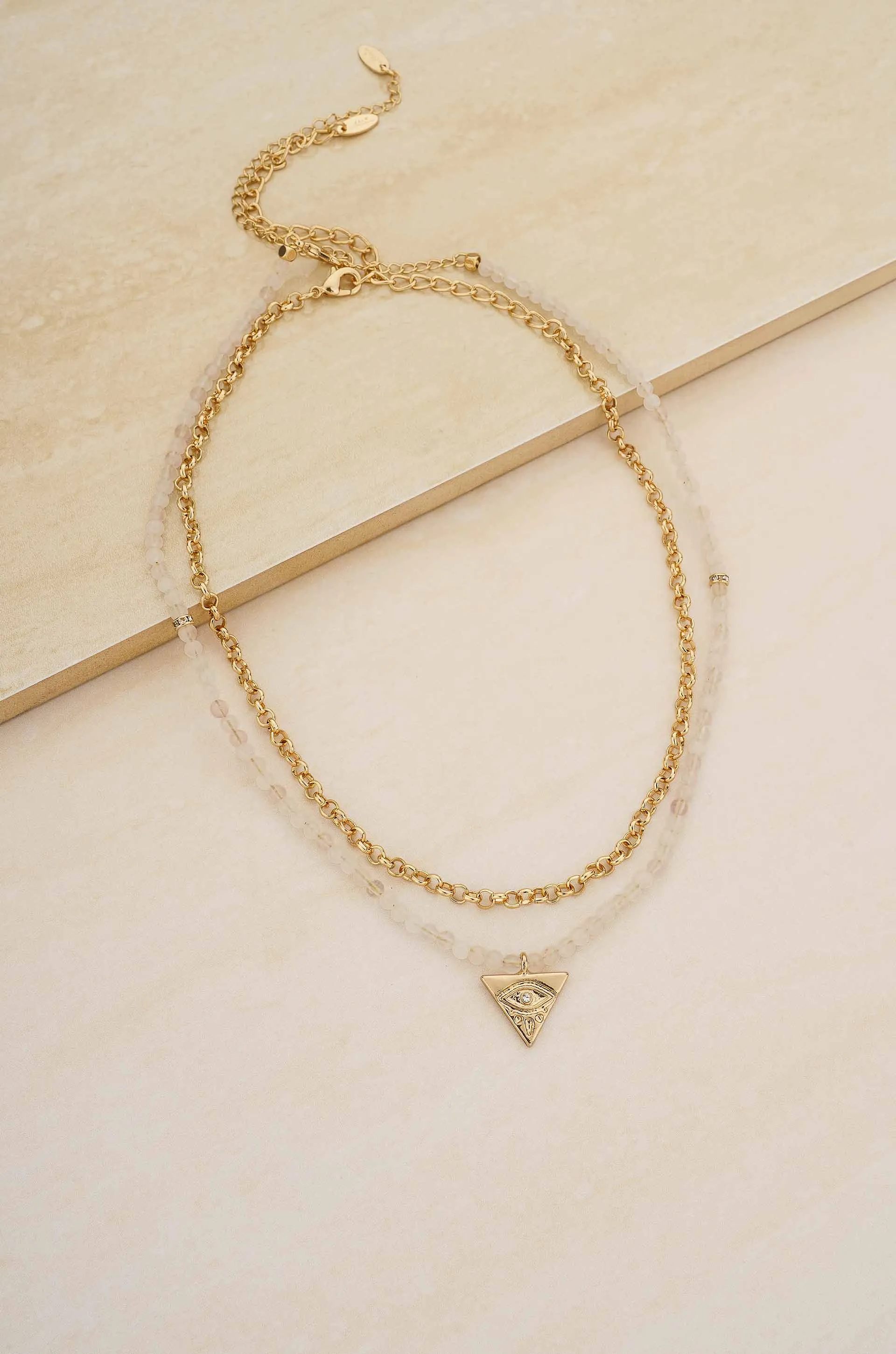 The Perfect Pair Rose Quartz Bead and Crystal Eye 18k Gold Plated Necklace Set
