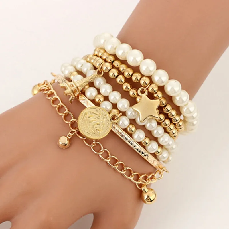 Tocona Bracelets Fashion Gold Color Beads Pearl Star Multi-layer Beaded Sets