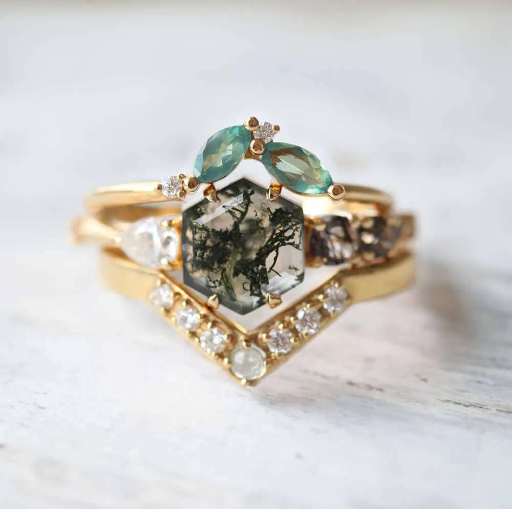 Trendolla 14K Gold Polygon Leaf Moss Agate And CZ Diamond Ring Set