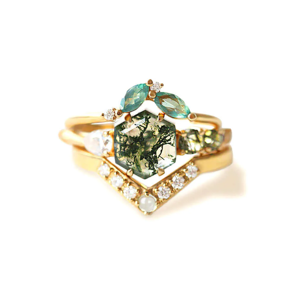 Trendolla 14K Gold Polygon Leaf Moss Agate And CZ Diamond Ring Set