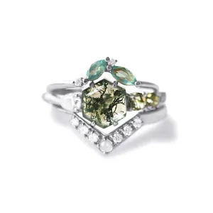 Trendolla 14K Gold Polygon Leaf Moss Agate And CZ Diamond Ring Set