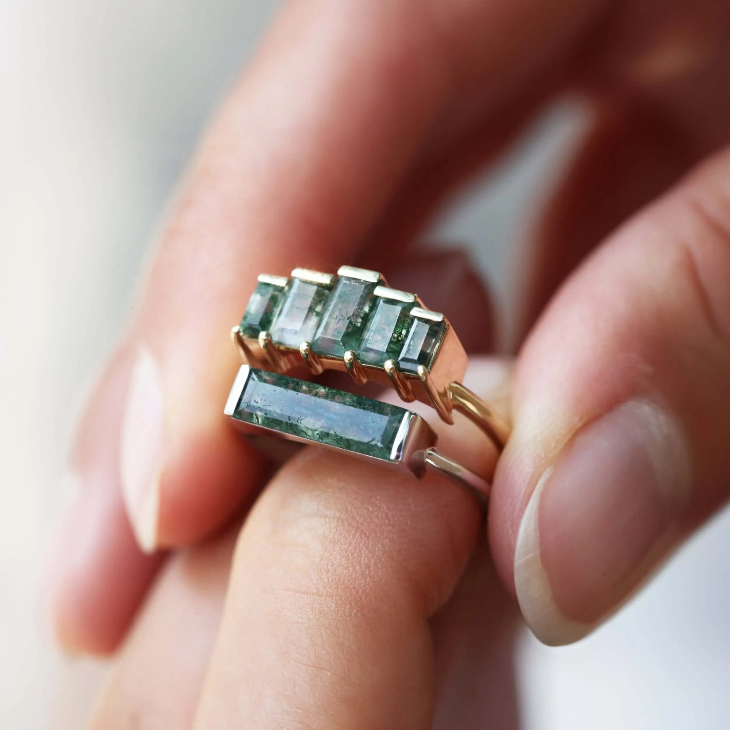 Trendolla 18K Gold Bar Moss Agate Ring Set