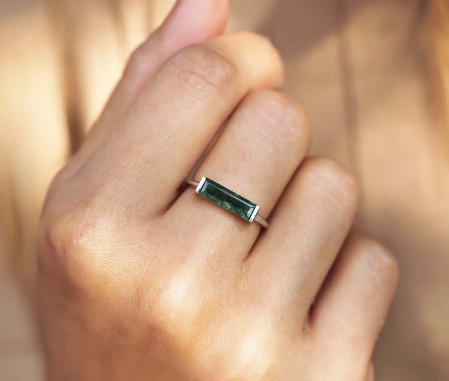 Trendolla 18K Gold Bar Moss Agate Ring Set