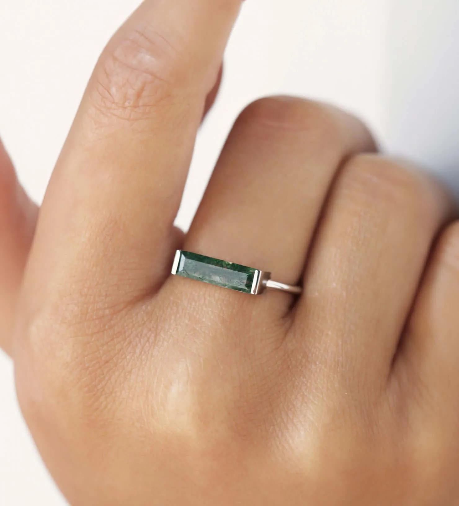 Trendolla 18K Gold Bar Moss Agate Ring Set