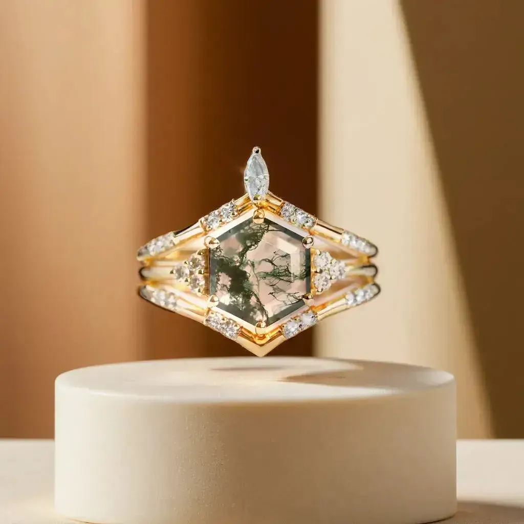 Trendolla 18K Gold Hexagon Moss Agate And CZ Diamond Ring Set