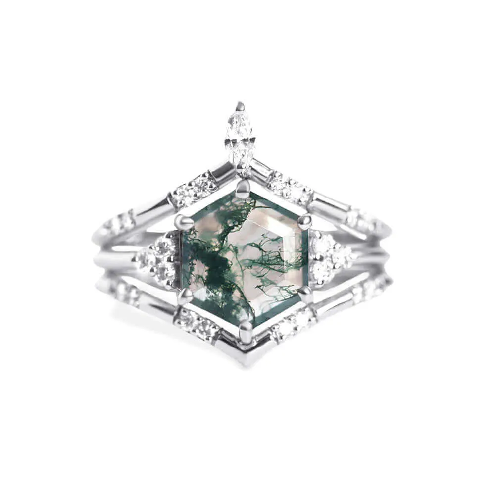 Trendolla 18K Gold Hexagon Moss Agate And CZ Diamond Ring Set
