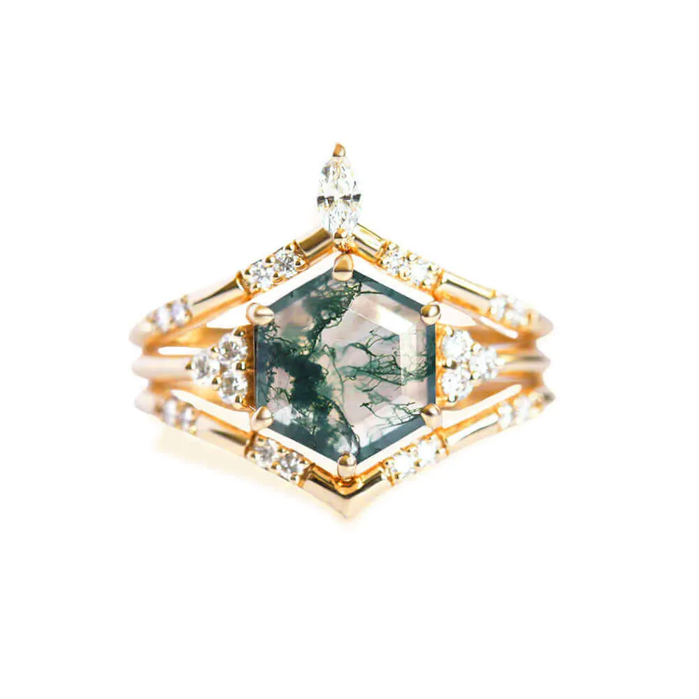 Trendolla 18K Gold Hexagon Moss Agate And CZ Diamond Ring Set