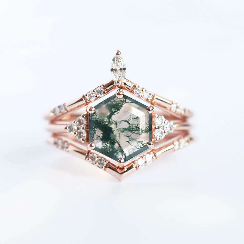 Trendolla 18K Gold Hexagon Moss Agate And CZ Diamond Ring Set