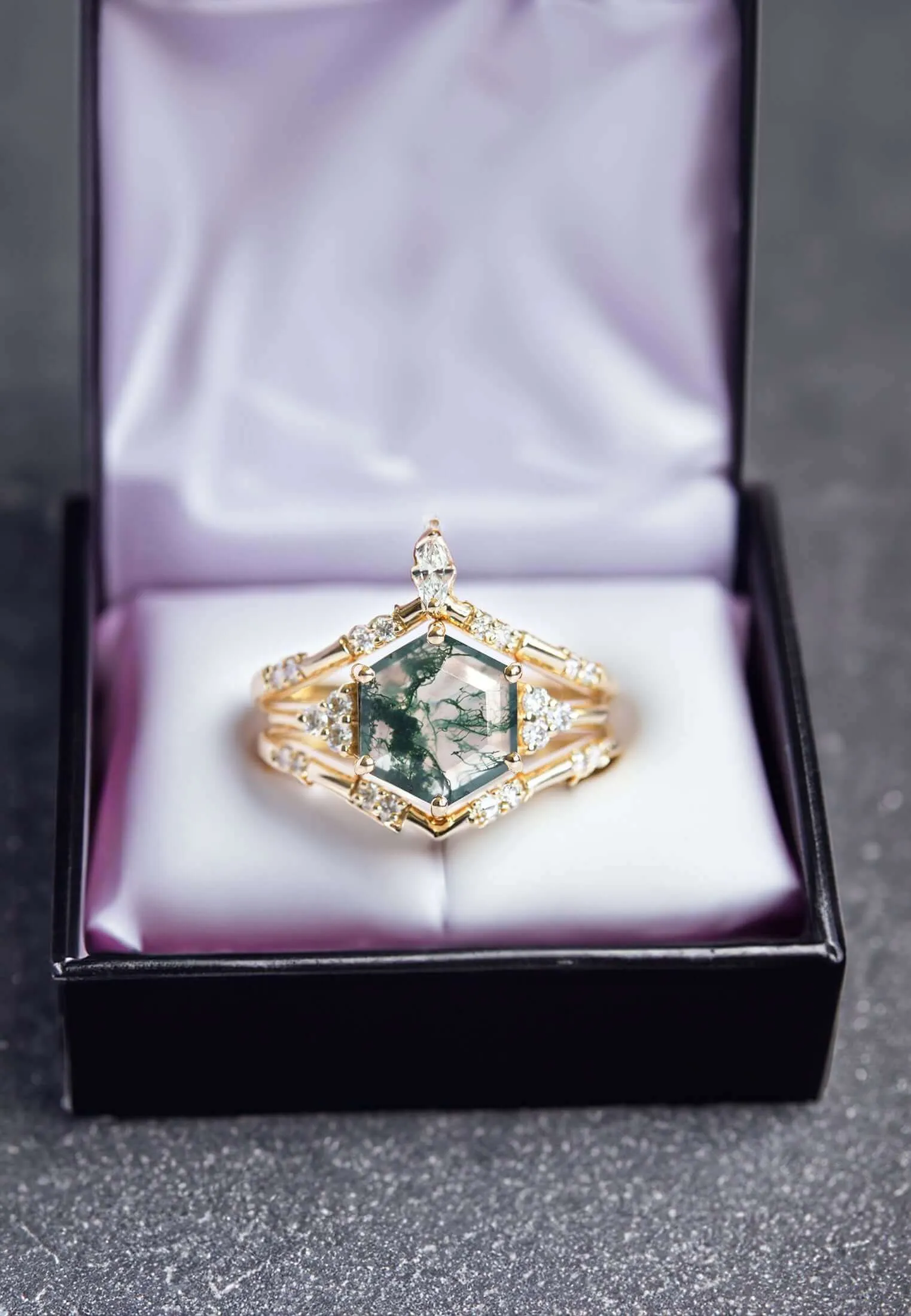Trendolla 18K Gold Hexagon Moss Agate And CZ Diamond Ring Set