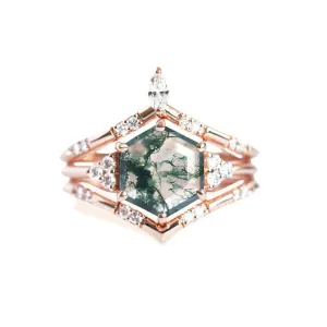 Trendolla 18K Gold Hexagon Moss Agate And CZ Diamond Ring Set