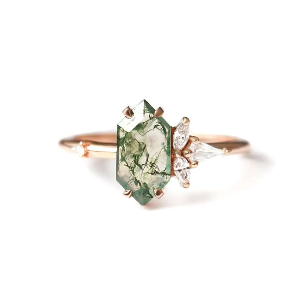 Trendolla 18K Gold Moss Agate And Crown CZ Diamond Ring Set