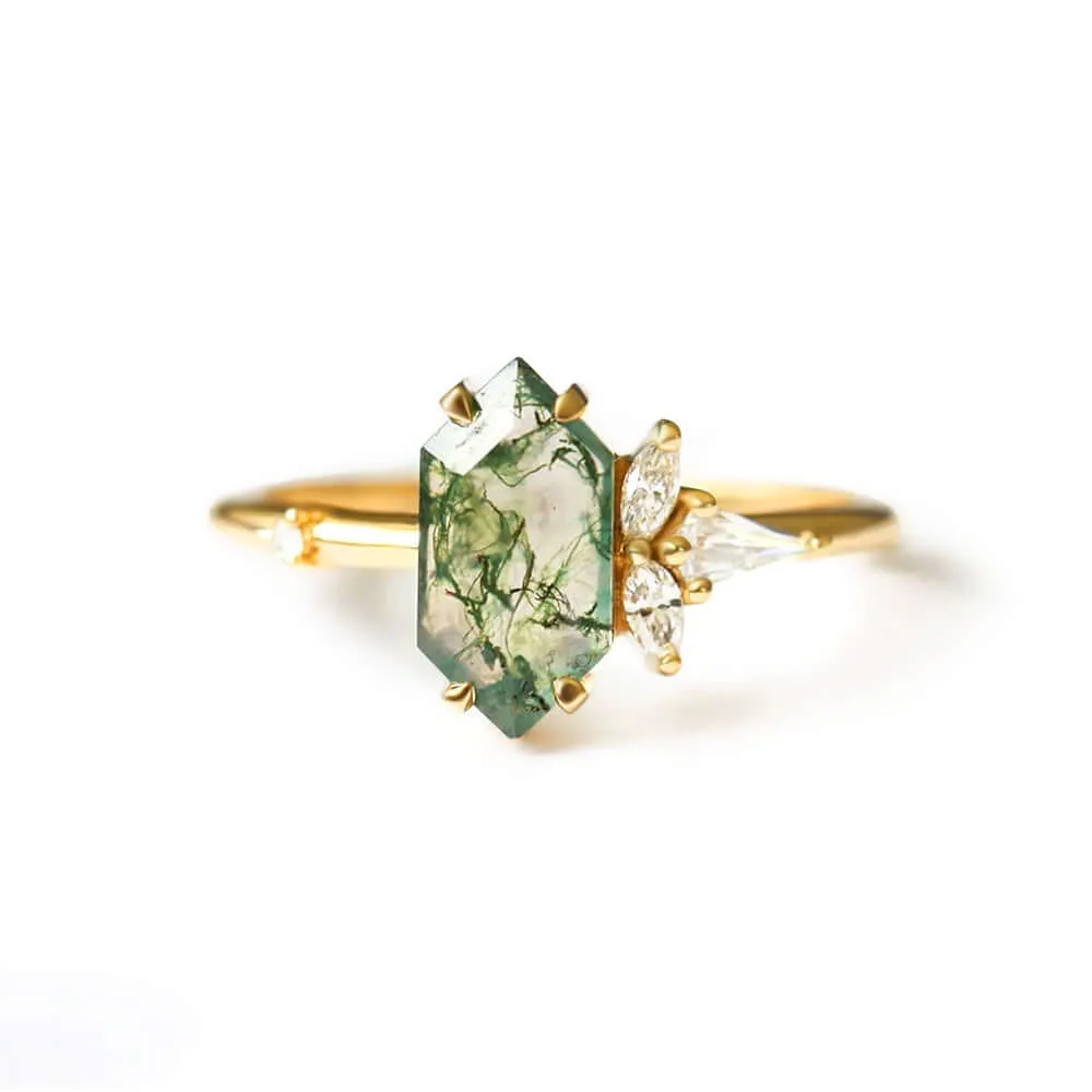 Trendolla 18K Gold Moss Agate And Crown CZ Diamond Ring Set