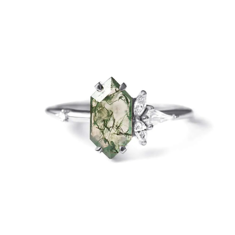 Trendolla 18K Gold Moss Agate And Crown CZ Diamond Ring Set