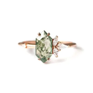 Trendolla 18K Gold Moss Agate And Crown CZ Diamond Ring Set