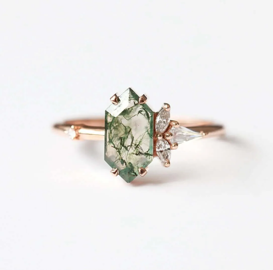 Trendolla 18K Gold Moss Agate And Crown CZ Diamond Ring Set