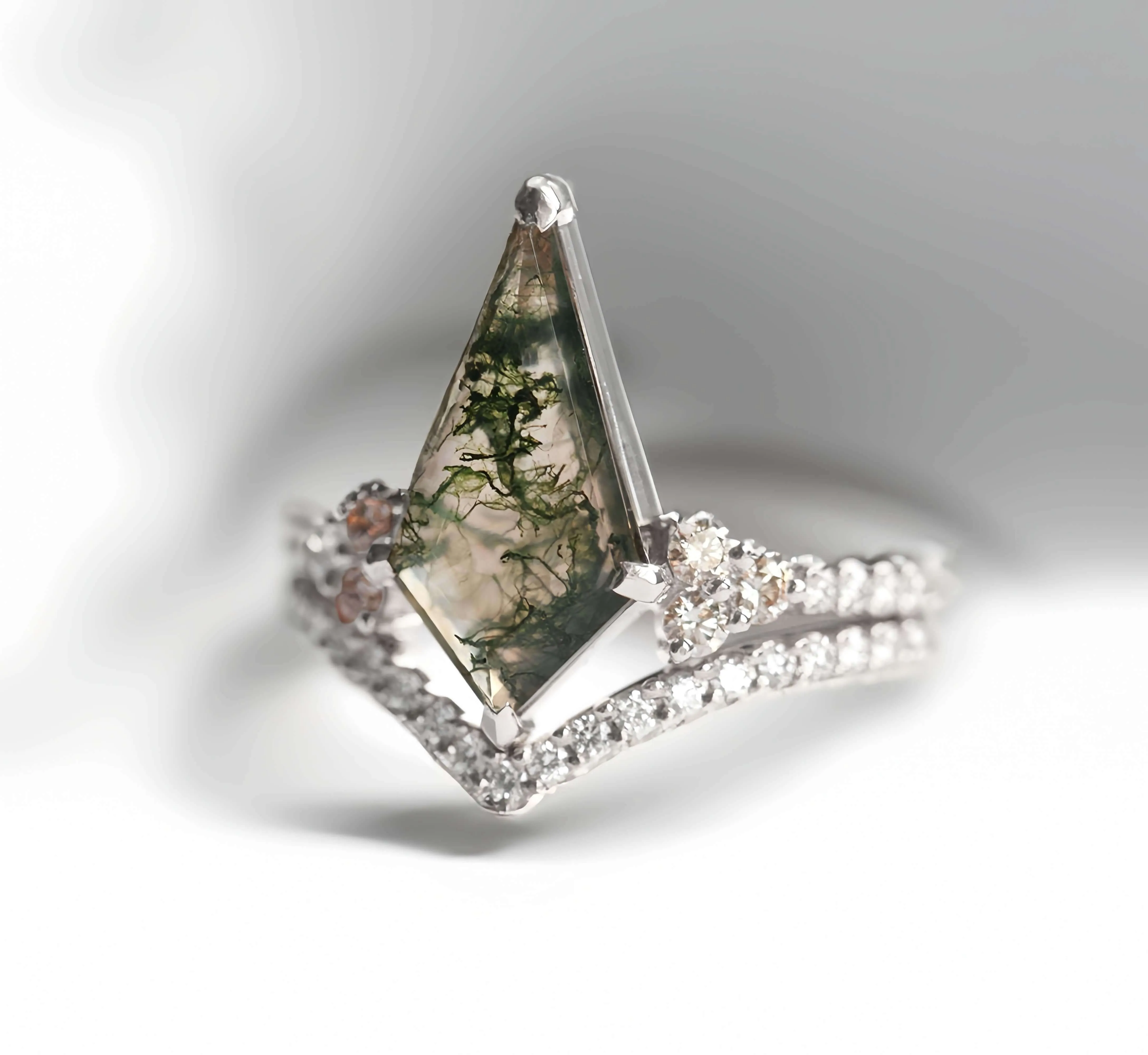 Trendolla 18K Gold Moss Agate And CZ Diamond Ring Set
