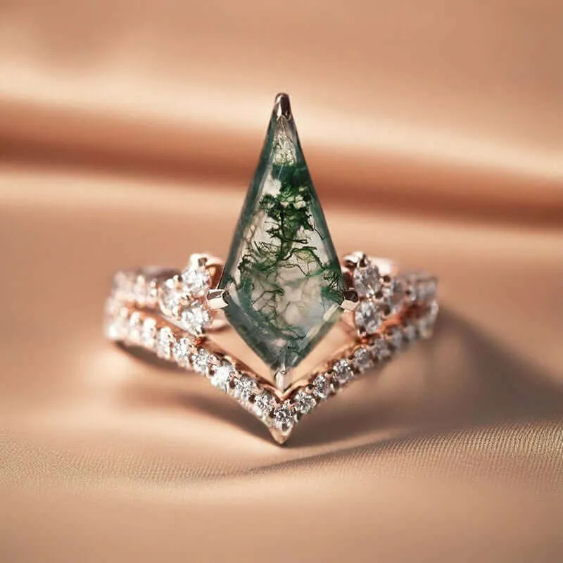 Trendolla 18K Gold Moss Agate And CZ Diamond Ring Set