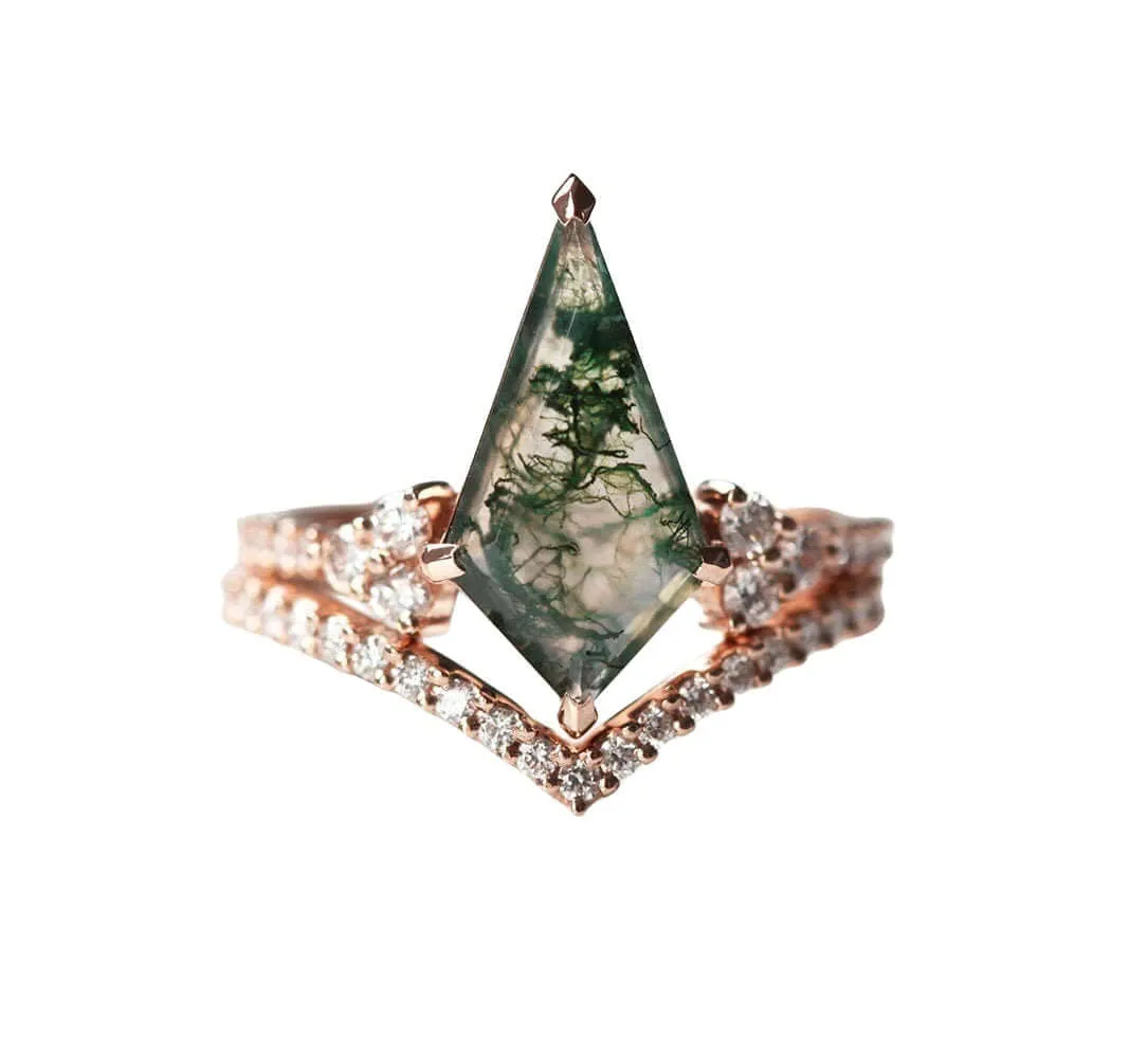 Trendolla 18K Gold Moss Agate And CZ Diamond Ring Set