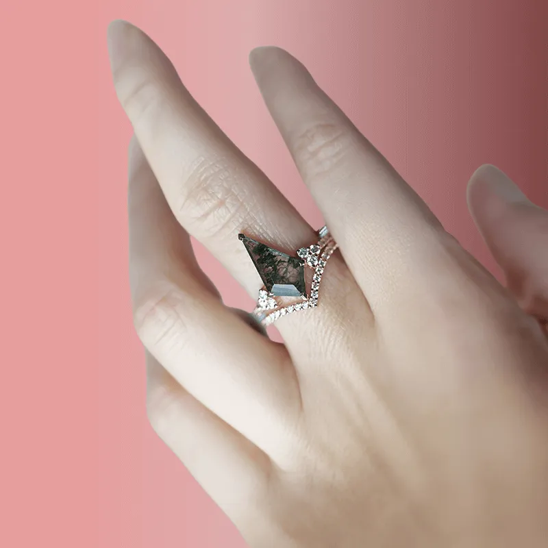 Trendolla 18K Gold Moss Agate And CZ Diamond Ring Set