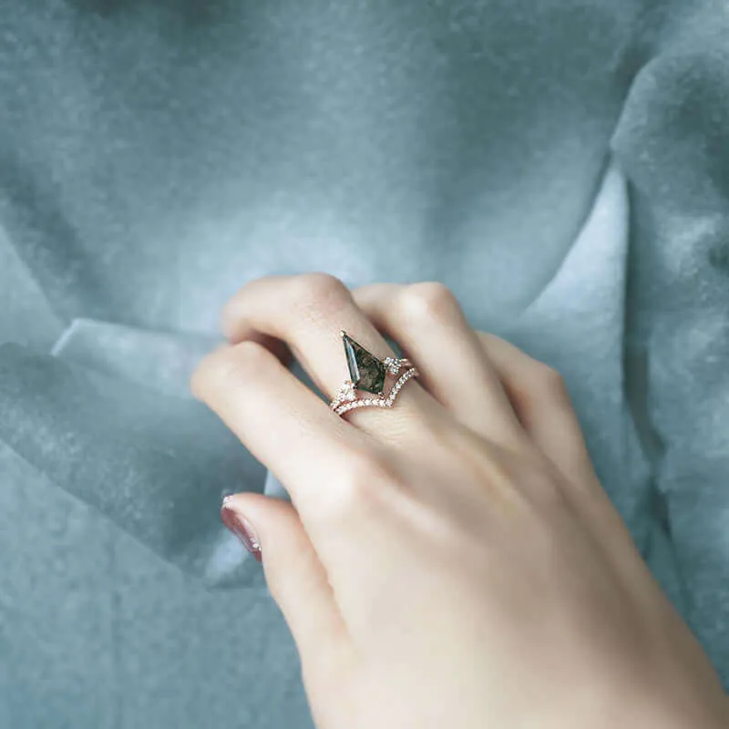 Trendolla 18K Gold Moss Agate And CZ Diamond Ring Set