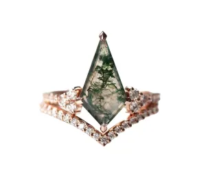 Trendolla 18K Gold Moss Agate And CZ Diamond Ring Set
