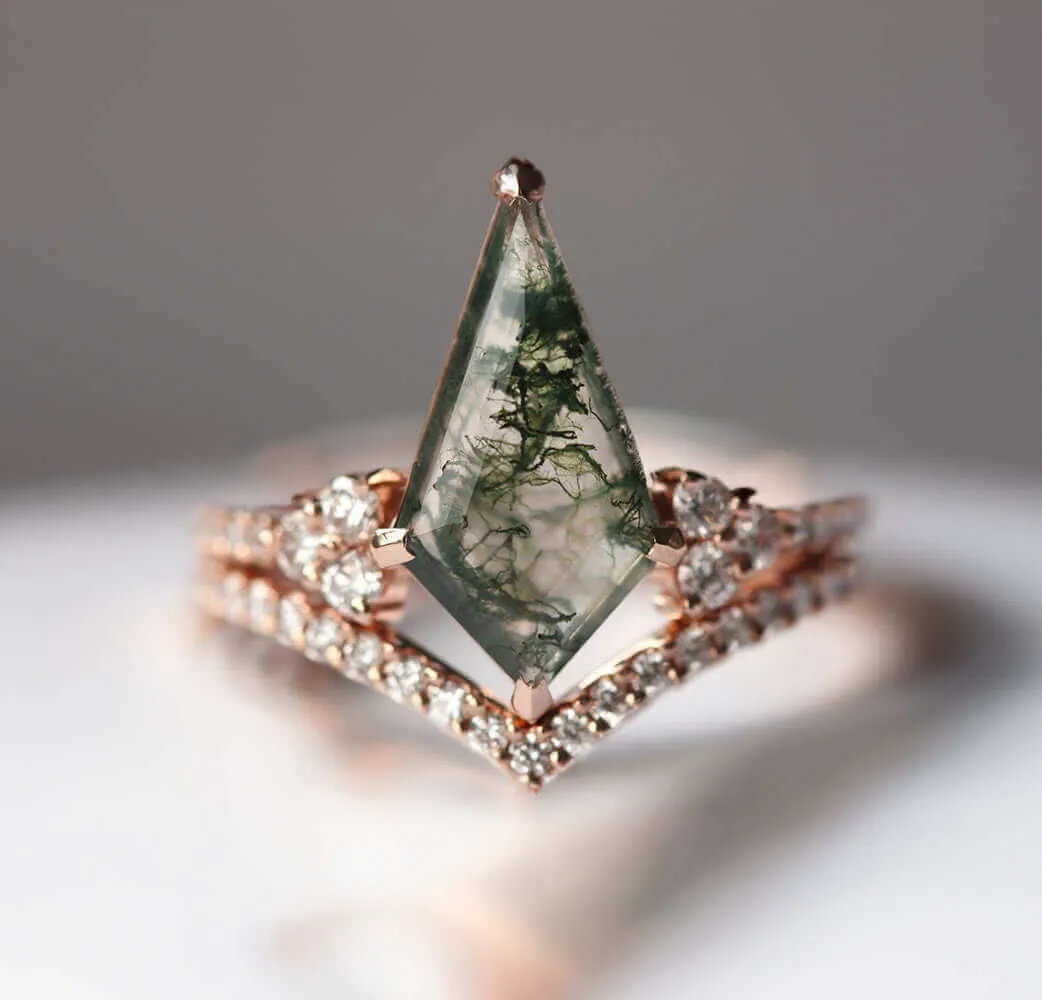 Trendolla 18K Gold Moss Agate And CZ Diamond Ring Set