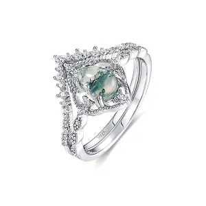 Trendolla Princess Crown Pear Shape Moss Agate Engagement Layer Ring