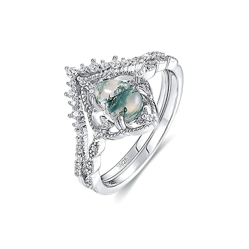 Trendolla Princess Crown Pear Shape Moss Agate Engagement Layer Ring