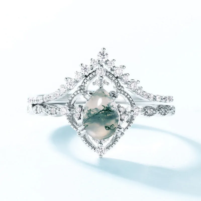 Trendolla Princess Crown Pear Shape Moss Agate Engagement Layer Ring