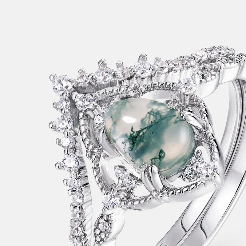 Trendolla Princess Crown Pear Shape Moss Agate Engagement Layer Ring