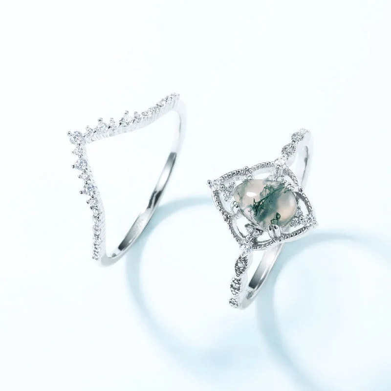 Trendolla Princess Crown Pear Shape Moss Agate Engagement Layer Ring