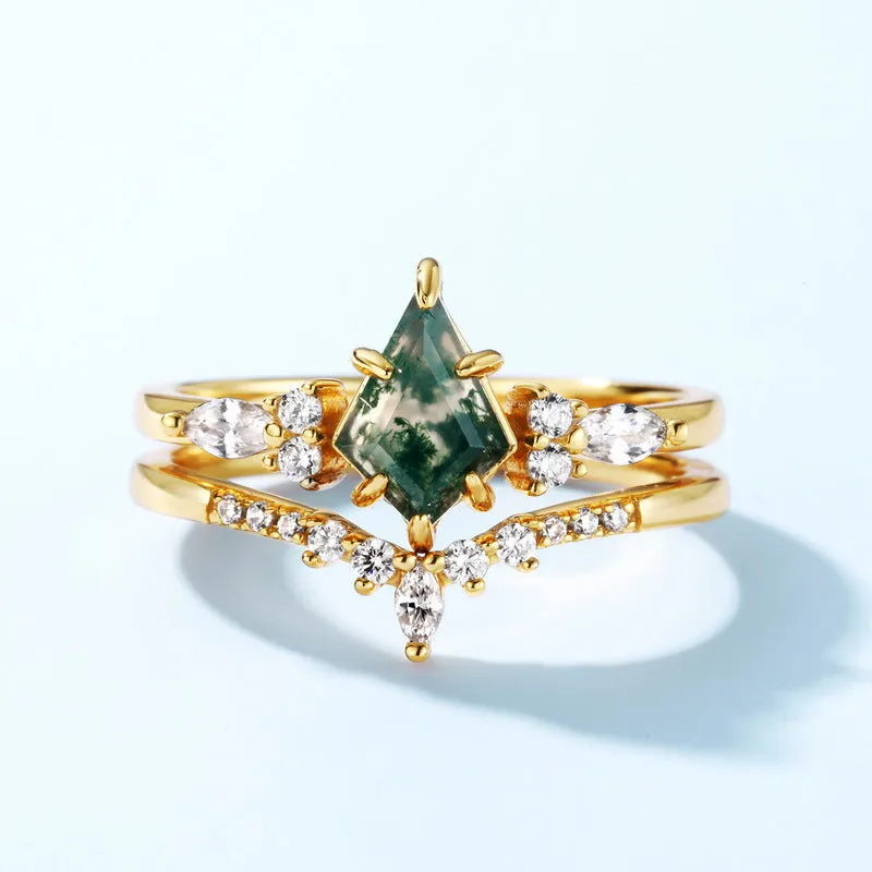 Trendolla S925 Green Kite Cut Moss Agate Layer Ring