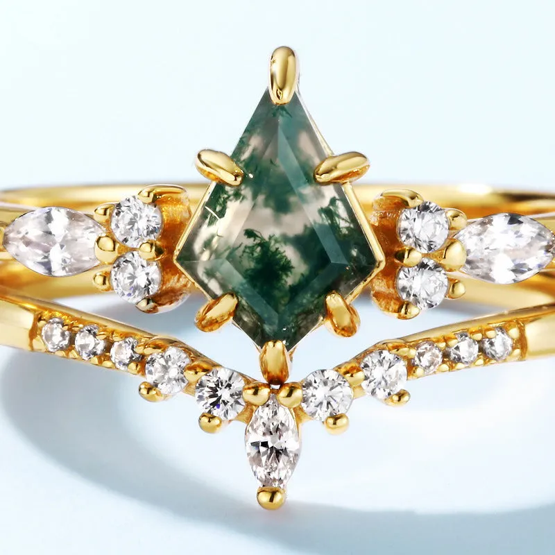Trendolla S925 Green Kite Cut Moss Agate Layer Ring