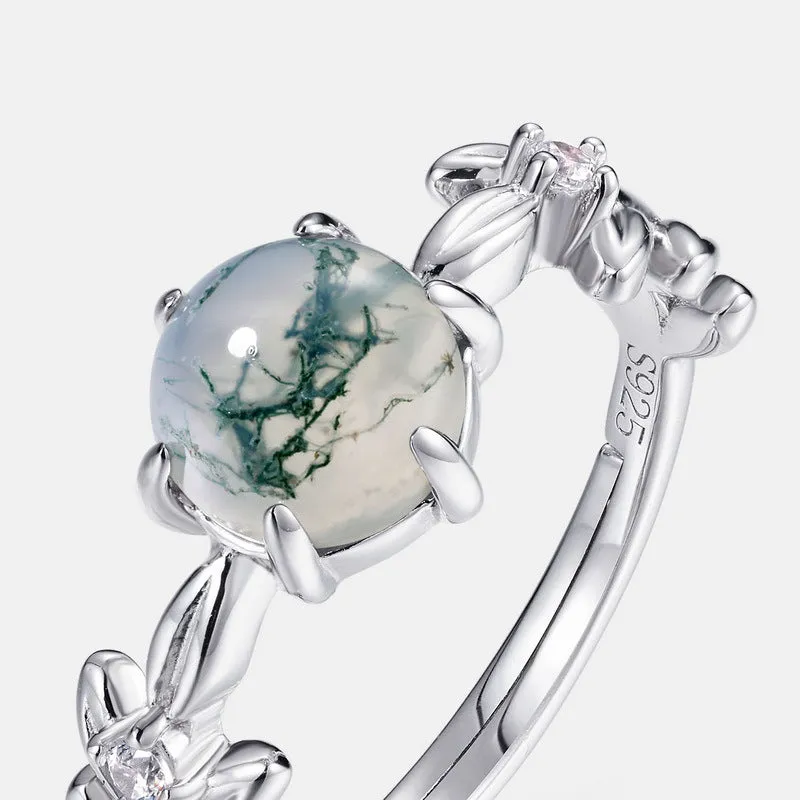 Trendolla Six Claw Leaf Moss Agate Engagement Adjustable Ring