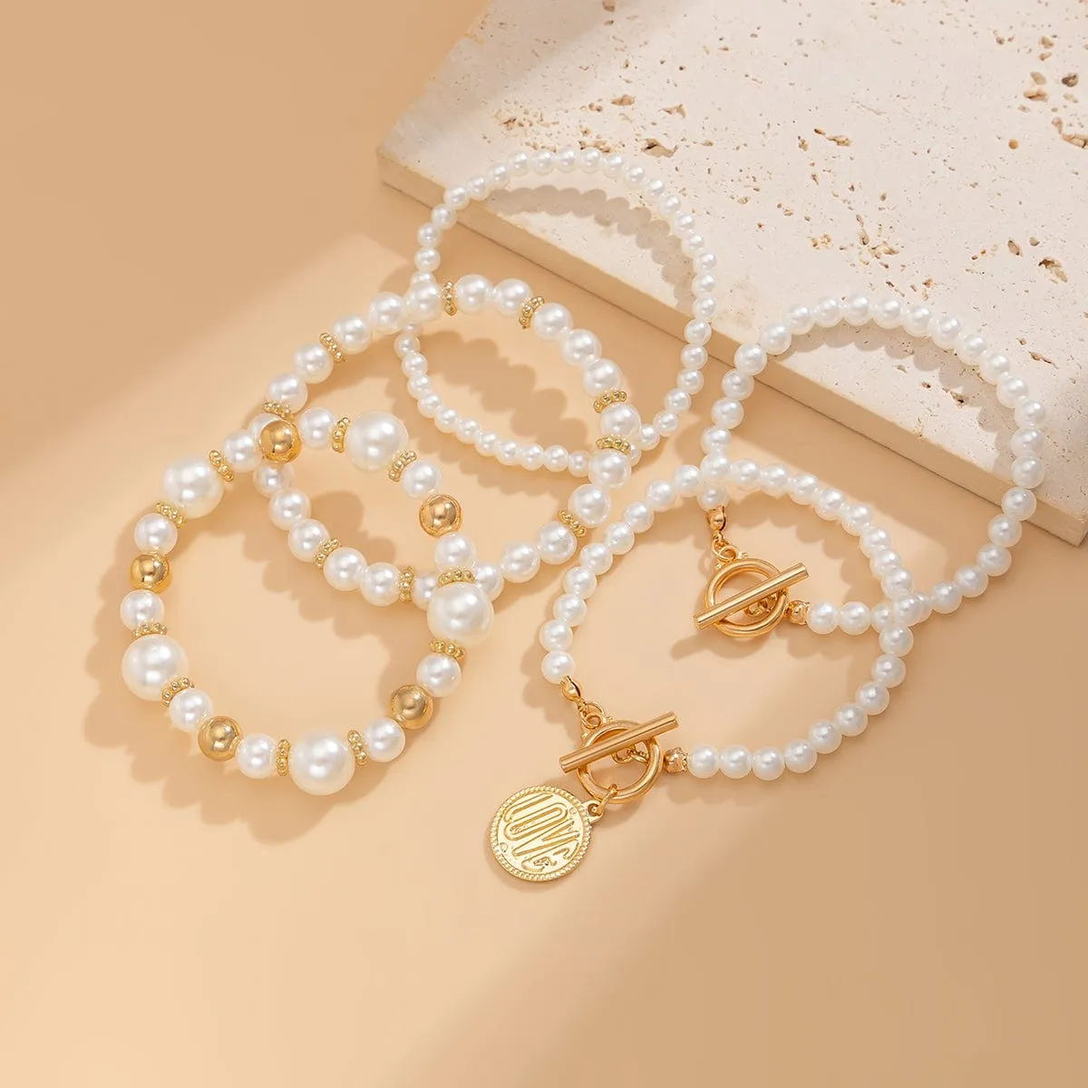 Trendy 5pcs Toggle Clasp Love Round Disk Charm Pearl Chain Bracelet Set