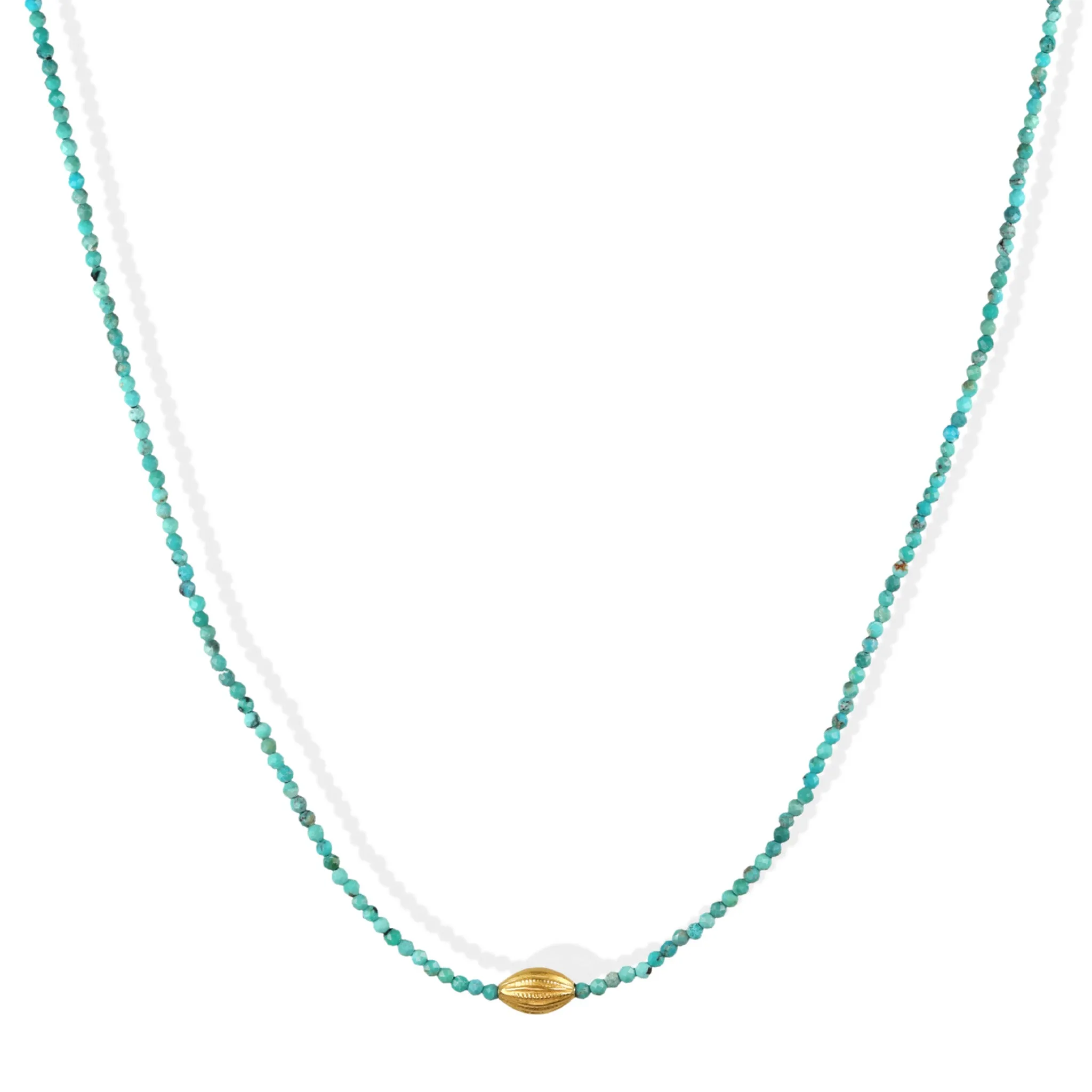 Turquoise Beaded Necklace with 18K Gold Etched Oval Bead
