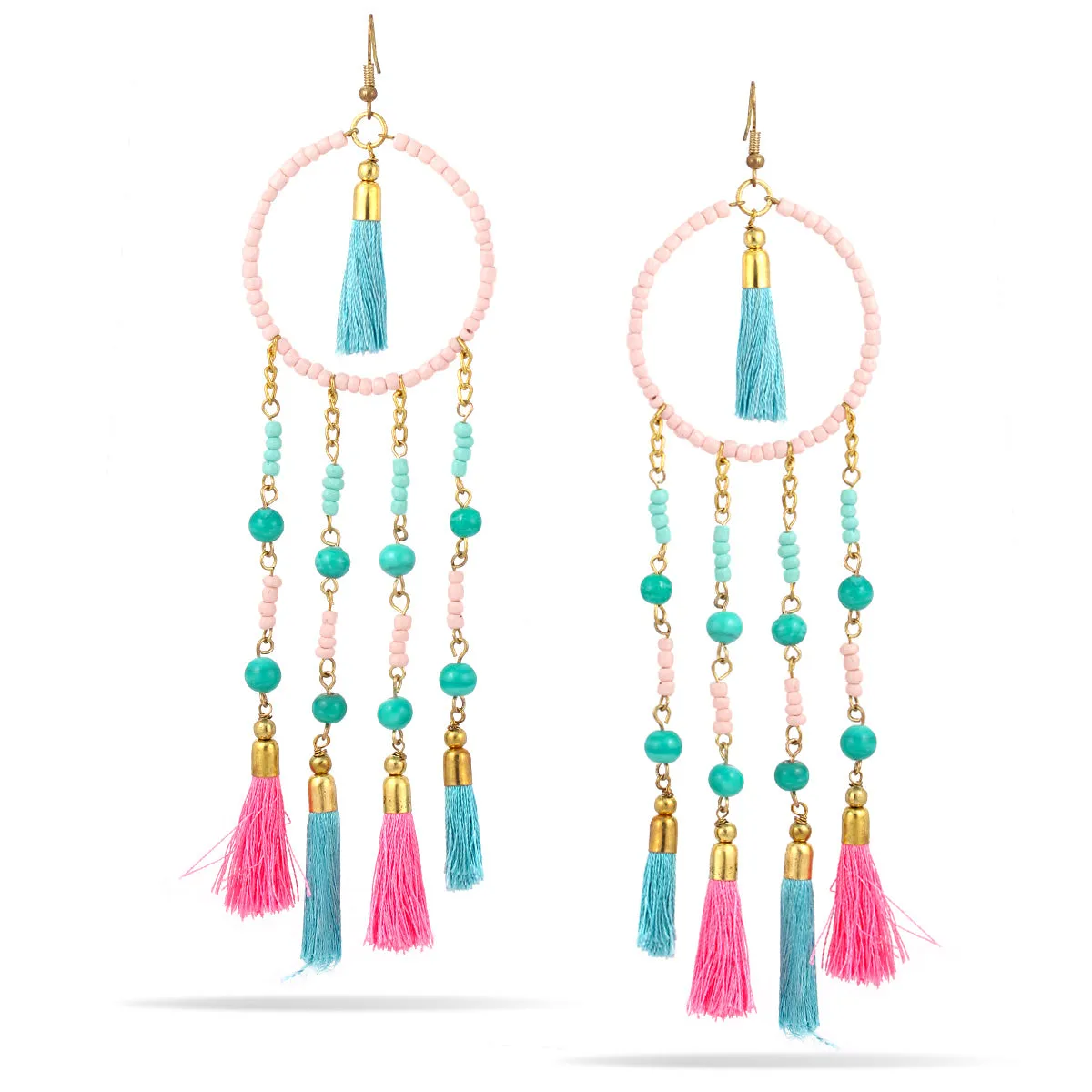 TURQUOSISE PINK BEADS AND THREAD TASSEL  EARRING #KBI-ER-K7438-MP (PE7/PE8)