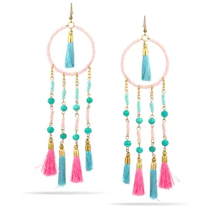 TURQUOSISE PINK BEADS AND THREAD TASSEL  EARRING #KBI-ER-K7438-MP (PE7/PE8)