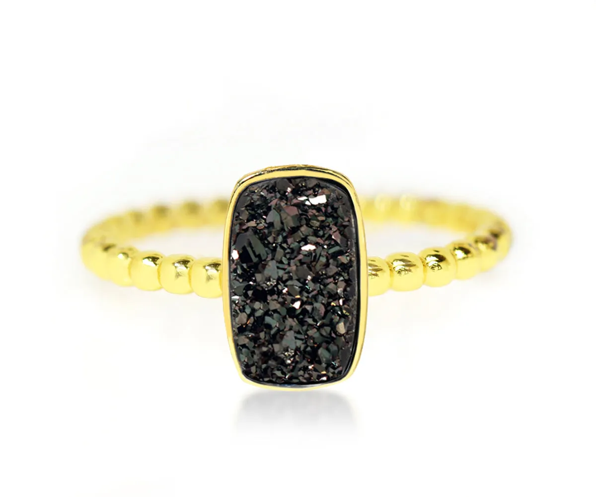 Vertical Rectangle Sapphire Black Druzy 14K Gold Ring