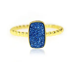 Vertical Rectangle Sapphire Blue Druzy 14K Gold Ring