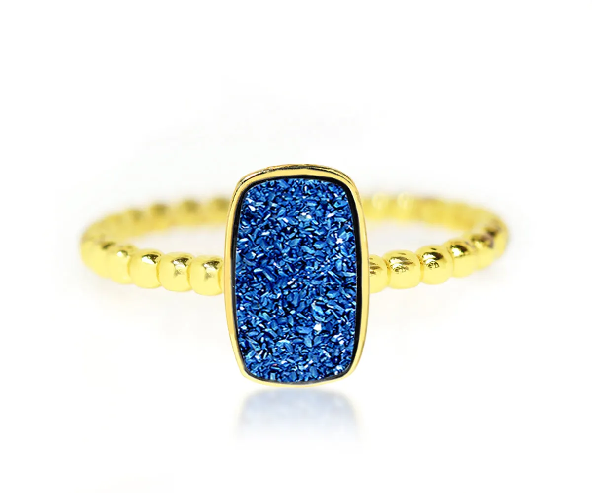 Vertical Rectangle Sapphire Blue Druzy 14K Gold Ring