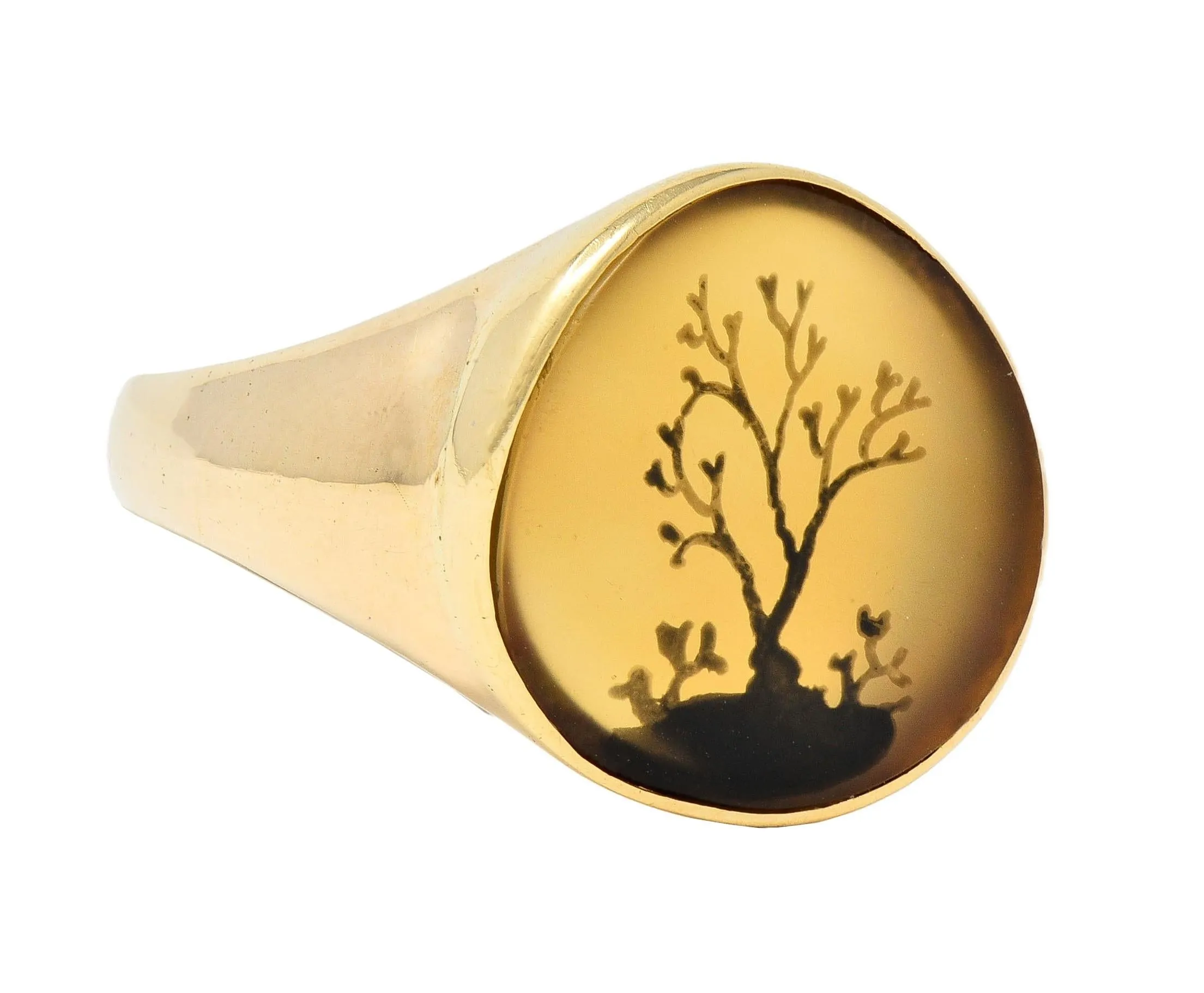 Victorian Dendritic Agate 10 Karat Yellow Gold Antique Tree Of Life Unisex Signet Ring