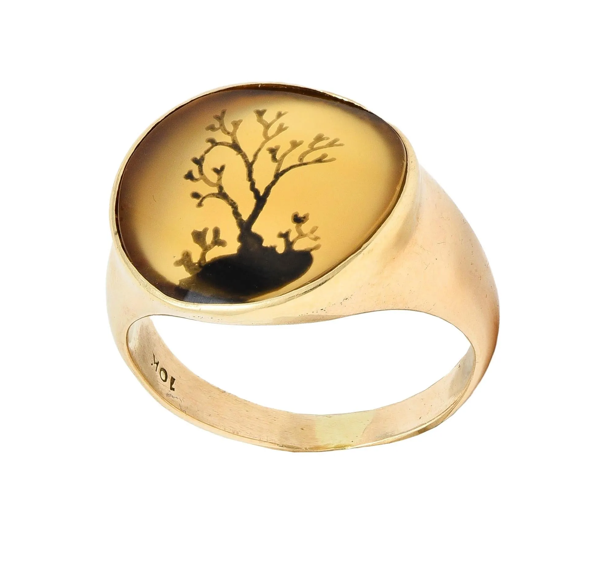 Victorian Dendritic Agate 10 Karat Yellow Gold Antique Tree Of Life Unisex Signet Ring